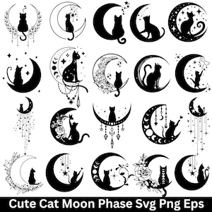 May include: A collection of black cat silhouettes on crescent moons, with stars and floral accents. The designs vary, some with dangling charms, others with detailed patterns. The phrase "Cute Cat Moon Phase Svg Png Eps" is at the bottom.