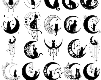 Mystical Moon SVG Bundle: Witchcraft Cat Clipart, Boho Designs (Digital Download
