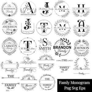 Op de afbeelding: Een verzameling zwart-wit familiemonogrammen in verschillende stijlen. Ontwerpen omvatten cirkelvormige kransen, bloemaccenten en elegante lettertypen. De monogrammen bevatten familienamen en oprichtingsdata.