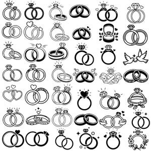 May include: A collection of black and white line art illustrations of various engagement and wedding rings. Designs include solitaire rings, double rings, rings with hearts, and rings with diamonds.