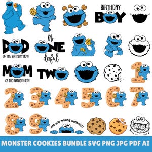 May include: A collection of blue monster character graphics with cookies, numbers, and text elements. Includes the phrases "Birthday Boy," "Dad of the Birthday Boy," and "Mom of the Birthday Boy." The image also contains the text "Monster Cookies Bundle SVG PNG JPG PDF AI."