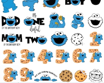 May include: A collection of blue monster character graphics with cookies, numbers, and text elements. Includes the phrases "Birthday Boy," "Dad of the Birthday Boy," and "Mom of the Birthday Boy." The image also contains the text "Monster Cookies Bundle SVG PNG JPG PDF AI."