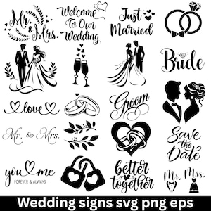 May include: A collection of black and white wedding-themed graphics. Designs include silhouettes of a bride and groom, wedding rings, hearts, and phrases like "Just Married" and "Save the Date."