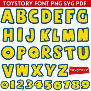 May include: A full alphabet and number set in a bold, yellow font with a blue outline. The letters and numbers are in a playful, cartoon style. The word "TOYSTORY" is in a red rectangle.