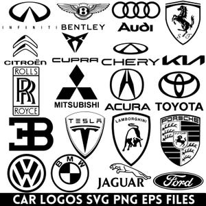May include: A collection of black and white car logos, including Infiniti, Bentley, Audi, Ferrari, Citroën, Cupra, Chery, Kia, Rolls Royce, Mitsubishi, Acura, Toyota, Tesla, Lamborghini, Porsche, BMW, Volkswagen, Jaguar, and Ford. The text "CAR LOGOS SVG PNG EPS FILES" is at the bottom.