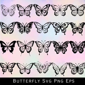 May include: A collection of black butterfly designs in various styles, set against a soft, pastel-colored background. The image includes the text "BUTTERFLY SVG PNG EPS" at the bottom, indicating digital design files.