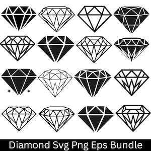 以下が含まれることがあります： 白黒のダイヤモンドのイラストが16個集まった画像です。ダイヤモンドのデザインは様々で、黒塗りや線画のものがあります。「Diamond Svg Png Eps Bundle」というテキストが画像の下部にあります。