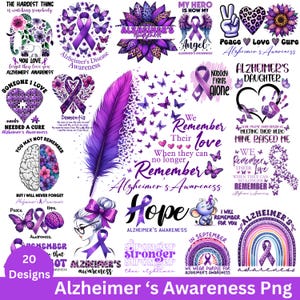 Puede incluir: Una colección de 20 diseños relacionados con la concienciación sobre el Alzheimer, con lazos morados, mariposas y texto. Los diseños incluyen frases como "Esperanza", "Recordar" y "Usamos morado". El tema general es el apoyo y el recuerdo.