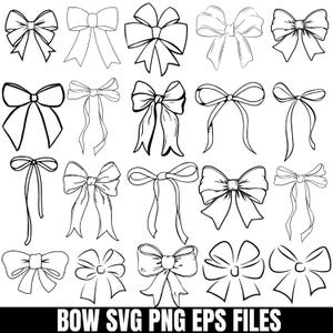 Puede incluir: Una colección de veinte diseños de lazos en blanco y negro. Los lazos varían en estilo, desde nudos simples hasta diseños más elaborados y con capas. El texto "BOW SVG PNG EPS FILES" se encuentra en la parte inferior de la imagen.