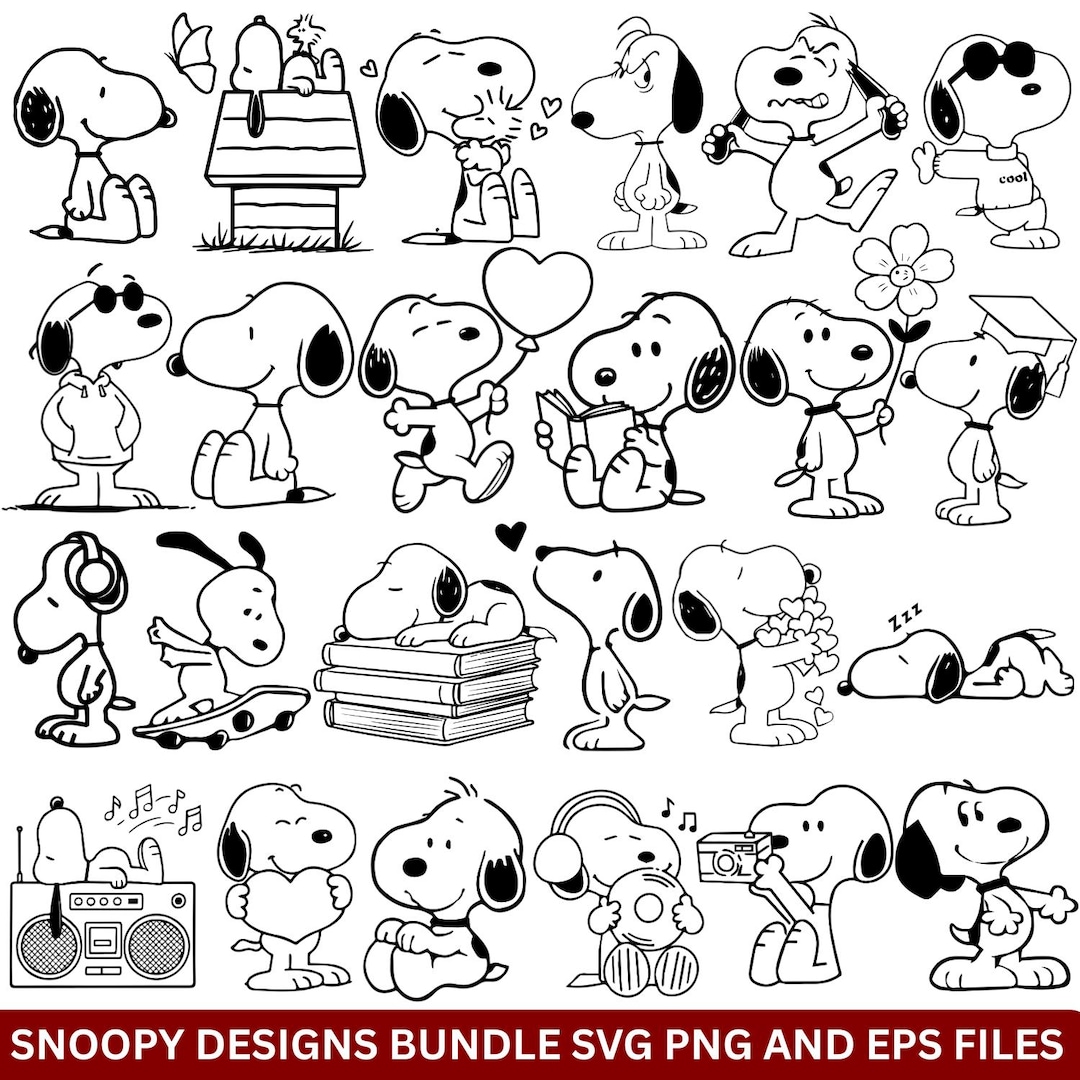 Snoopy SVG PNG EPS Bundle, Peanuts Comic Dog Clipart Set