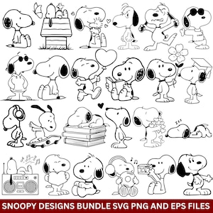 May include: A selection of black and white Snoopy illustrations in different poses, such as Snoopy with a heart, Snoopy with headphones, and Snoopy reading. The text "SNOOPY DESIGNS BUNDLE SVG PNG AND EPS FILES" is at the bottom.