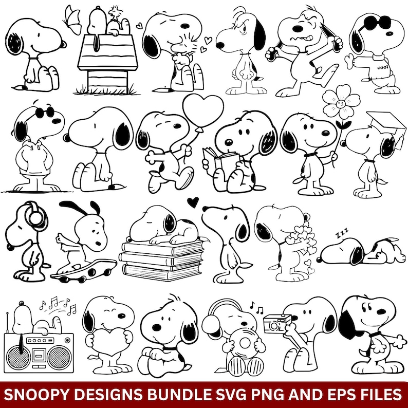 Puede incluir: Una colecci&oacute;n de dise&ntilde;os de Snoopy en blanco y negro en varias poses, incluyendo a Snoopy con un coraz&oacute;n, Snoopy con auriculares y Snoopy leyendo. El texto "SNOOPY DESIGNS BUNDLE SVG PNG AND EPS FILES" est&aacute; en la parte inferior.