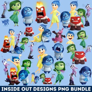 May include: A digital collection of Inside Out character illustrations featuring Joy, Sadness, Anger, Disgust, and Fear in various poses. The blue background includes the Inside Out logo and the text INSIDE OUT DESIGNS PNG BUNDLE at the bottom.