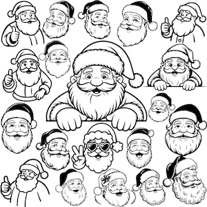 Puede incluir: Una colección de ilustraciones en blanco y negro de caras y figuras de Papá Noel. Las imágenes muestran a Papá Noel con varias expresiones, incluyendo pulgares arriba, guiños y gafas de sol en forma de corazón. Las ilustraciones son de estilo caricaturesco.