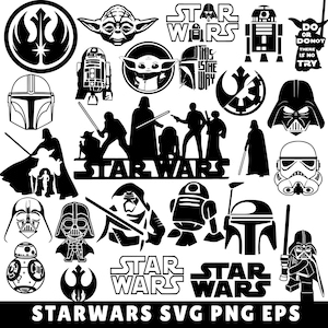 Può includere: Una collezione di grafiche di Star Wars in bianco e nero. L'immagine include personaggi come Yoda, Darth Vader e R2-D2, insieme al logo di Star Wars e vari simboli. Il testo "STARWARS SVG PNG EPS" è in basso.