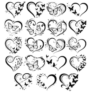 May include: A collection of black and white heart designs, each featuring butterflies and decorative elements. Some hearts have arrows, while others showcase swirling patterns and various butterfly arrangements.