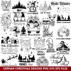 Op de afbeelding: Een verzameling zwart-wit digitale illustraties met een kerstthema, waaronder kabouters, rendieren, sneeuwpoppen, dennenbomen, geschenkdozen en vakantieteksten zoals Merry Christmas, Let it snow en Frohe Weihnachten.