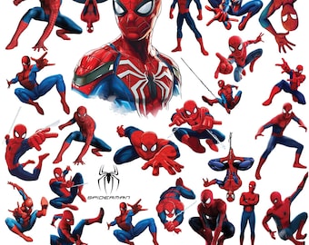 May include: A collection of Spider-Man PNG designs in various action poses. The images feature the superhero in his iconic red and blue suit, with web-slinging and dynamic stances. The text "SPIDERMAN PNG DESIGNS BUNDLE" is at the bottom.