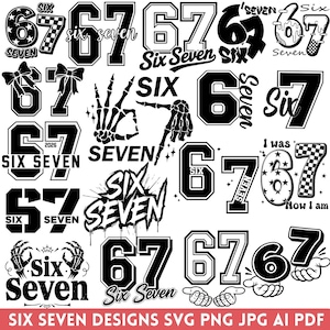 Puede incluir: Una colección de diseños gráficos digitales en blanco y negro que presentan el número 67 y el texto Six Seven. Los diseños incluyen varias fuentes, manos de esqueleto, lazos, estrellas, patrones de tablero de ajedrez y manos de dibujos.