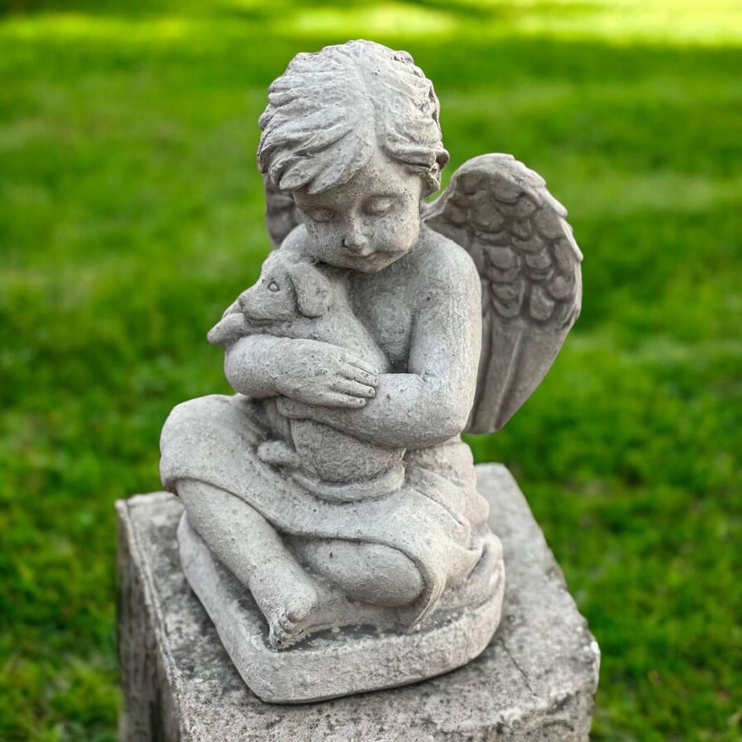 Angel With Dog Statue, Yard Cherub Decor, Outside Religious Idea, Lawn ...