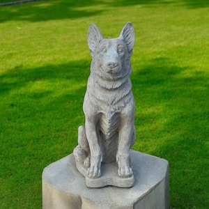 German shepherd figurine, Stone dog statue, Dog loss decor, German shepherd memorial, Sitting dog sculpture, Pet ornament | 14 in height