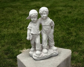 Concrete boys, Outdoor sculpture, Two children, Garden statue, Stone memorial, Baseball kids, Lawn decoration, Yard figure | 18 in height