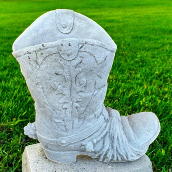Outside flower pot, Concrete boot art, Garden decoration, Stone planter idea, Cowboy lawn design, Yard planter sculpture | 12 in height