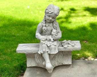 Stone girl statue, Garden kid ornament, Lawn child decor, Concrete girl art, Kid backyard ornament, Child outdoor figure | 17 in height