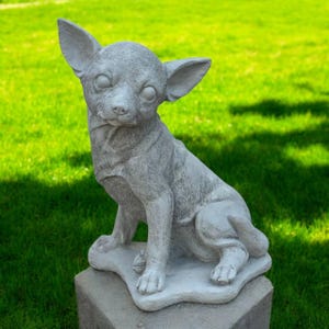 Lawn chihuahua statue, Dog garden decor, Outside pet art, Stone chihuahua ornament, Yard dog figure, Beton pet sculpture | 12 in height
