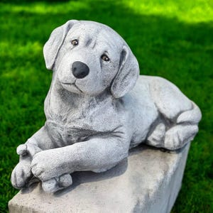 May include: A gray stone Labrador Retriever statue in a relaxed pose, resting on a rectangular base. The dog has a black nose and brown eyes, with its head tilted slightly. The background is blurred green grass.