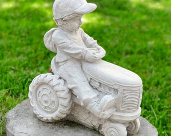 Garden boy sculpture, Lawn kid idea, Concrete child art, Boy on tractor, Farm machine statue, Yard kid ornament, Boy decor  | 12 in height