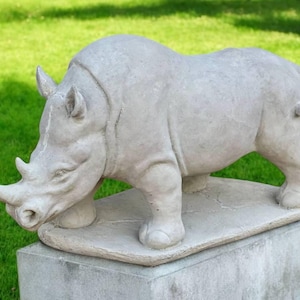 Rhinocerous stone statue, African animal figurine, Outdoor ornament, Rhinocerous garden idea, Backyard animal sculpture | 12 in height