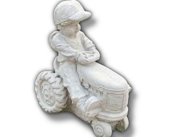 Backyard boy statue, Outdoor tractor figure, Garden kid decoration, Beton child art, Stone boy ornament, Lawn kid idea | 12 in height