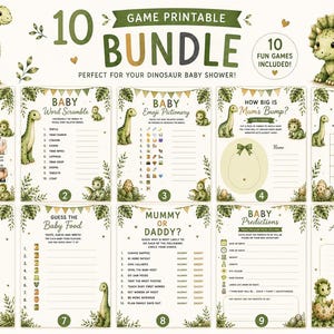 Può includere: Un set di dieci giochi stampabili per baby shower a tema dinosauri. Ogni foglio include illustrazioni di dinosauri verdi, foglie tropicali e testo per giochi come il bingo, il cruciverba e le previsioni per il nascituro.