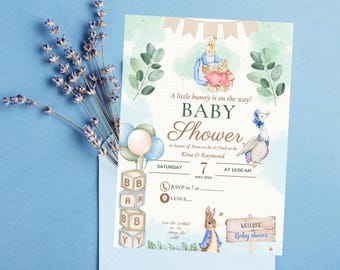 Peter Rabbit Baby Shower Invitation Editable, Bunny Baby Shower Invite Canva Template, Blue Baby Shower Invitation Instant Download