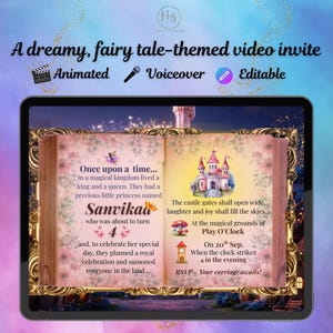 Puede incluir: Una invitación de video digital con un tema de cuento de hadas. La invitación presenta un diseño de libro de cuentos con el texto "A dreamy, fairy tale-themed video invite". La invitación incluye el nombre "Sanvikaa" y detalles para una celebración real.