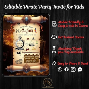 May include: A pirate-themed party invitation for kids, featuring a scroll design with the text "Captain Jack" and event details. The invitation includes pirate-related illustrations and the text "Editable Pirate Party Invite for Kids."
