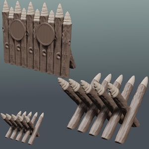 May include: A collection of wooden fence pieces, including a section with two circular accents and pointed tops. The pieces are various sizes and arrangements, with a natural wood grain finish and light-colored tips.