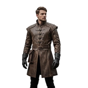 Handmade Brown Leather Medieval Tunic Coat – Renaissance Inspired Fantasy Long jerkin - Renaissance Vest for Fantasy Cosplay Costume - LARP