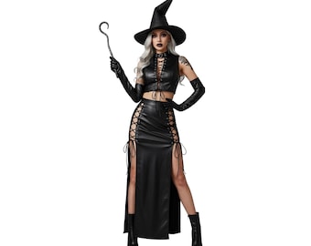 Handmade Leather Witch Costume: Lace-up Crop Top & High-slit Skirt - Etsy Handmade Leather Witch Costume: Lace-up Crop Top & High-slit Skirt - Etsy