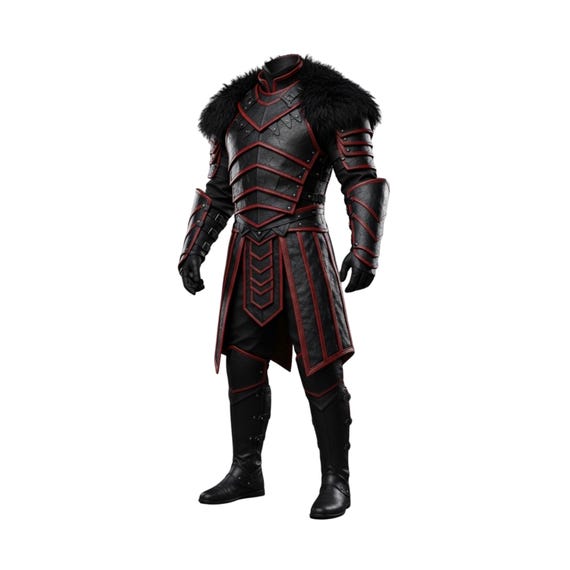 Handmade Black Leather Medieval Armor with Fur Mantle - Ren Faire Costume