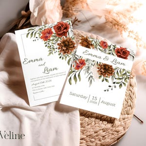 Puede incluir: Dos tarjetas de invitación de boda con diseños florales y botánicos. Las tarjetas presentan los nombres "Emma y Liam" y la fecha "15 de agosto de 2026". El diseño incluye rosas rojas, piñas marrones y hojas verdes.