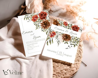 Autumn Wildflower Wedding Invitation Set Template, Fall Floral Wedding Invite, Boho Terracotta Rust Orange Red Burgundy, Printable Suite