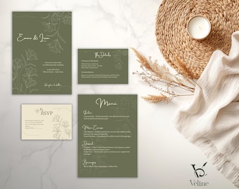 Sage Green Wedding Invitation Set: Minimalist Botanical Design, Sage Botanical Template (Canva Template, Digital Download)