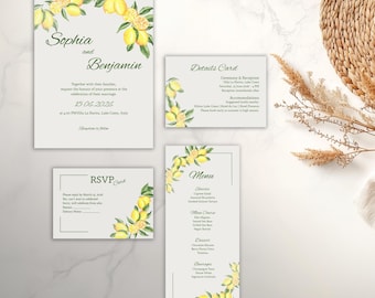 Lemon Wedding Invitation Suite, Sorrento Citrus, Amalfi Coast (Instant Download Canva Template)