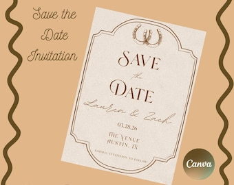 Western Wedding Save the Date: Rustic Horseshoe Design (Canva Template)