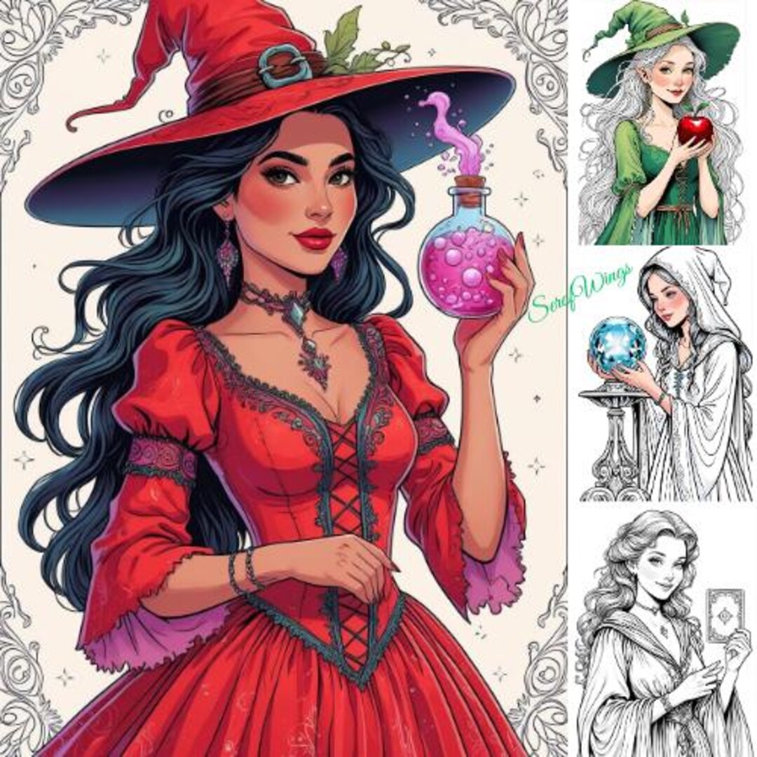 Pretty Witch Coloring Page Adult and Kids Coloring Book, Grayscale
