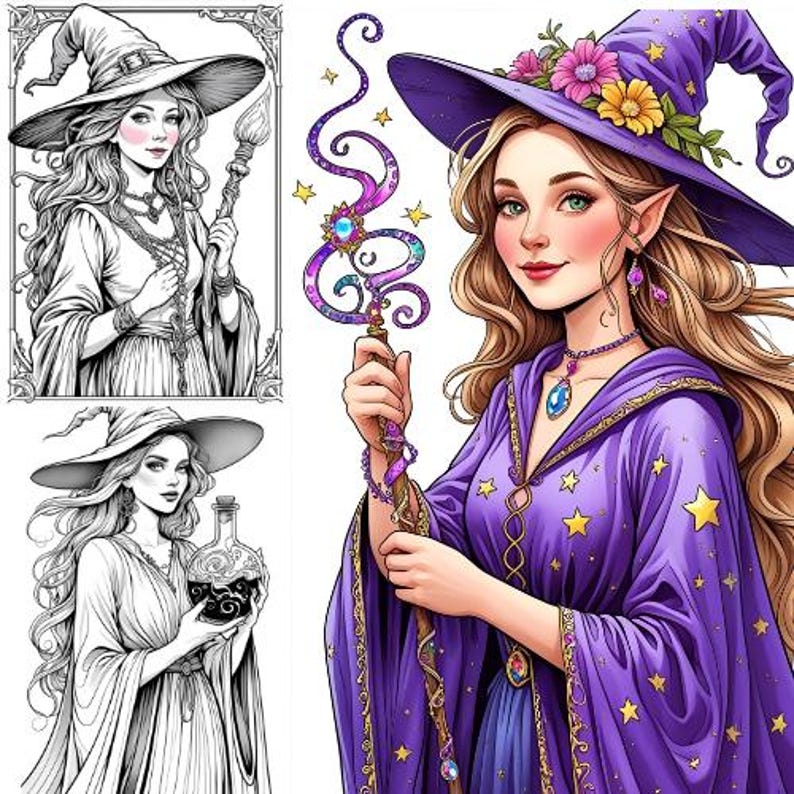 Pretty Witch Coloring Page Adult and Kids Coloring Book, Grayscale