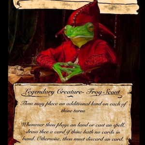 Pode incluir: Carta de fantasia com "Flubs, the Fool", uma criatura parecida com um sapo vestida com uma roupa de bobo da corte vermelha. A carta inclui texto que descreve as habilidades da criatura, em um fundo escuro.
