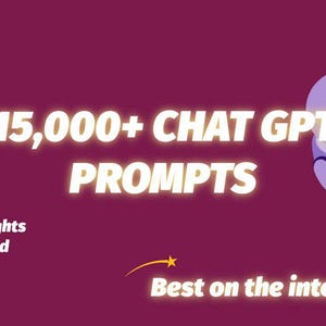 May include: A purple and blue cartoon robot with blue eyes and a white background. The text "15,000+ CHAT GPT PROMPTS" is in yellow and the text "*resell rights included" is in white. The text "Best on the internet!" is in yellow.